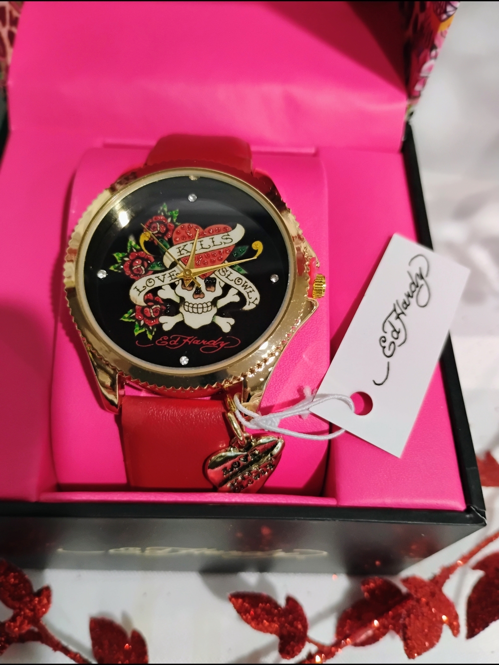 Ed Hardy Gold-Tone Watch with Red Strap & Skull Rose Dial
